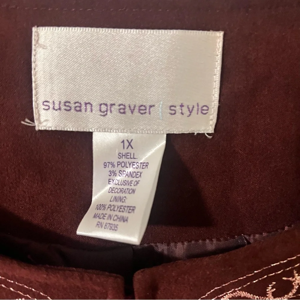 Susan Graver Style embroidered tunic style jacket hook/eye closure  burgundy 1X